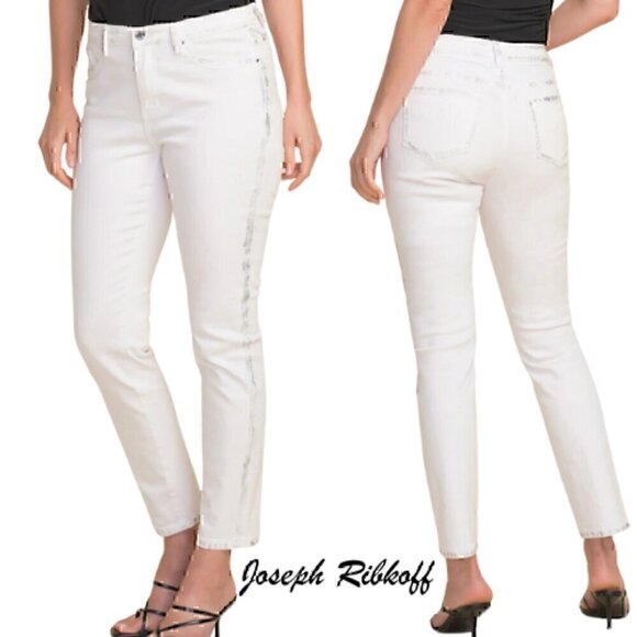 🆕️ Joseph Ribkoff White Slim fit Distressed Metallic Tuxedo Stripe Jeans - Picture 1 of 16